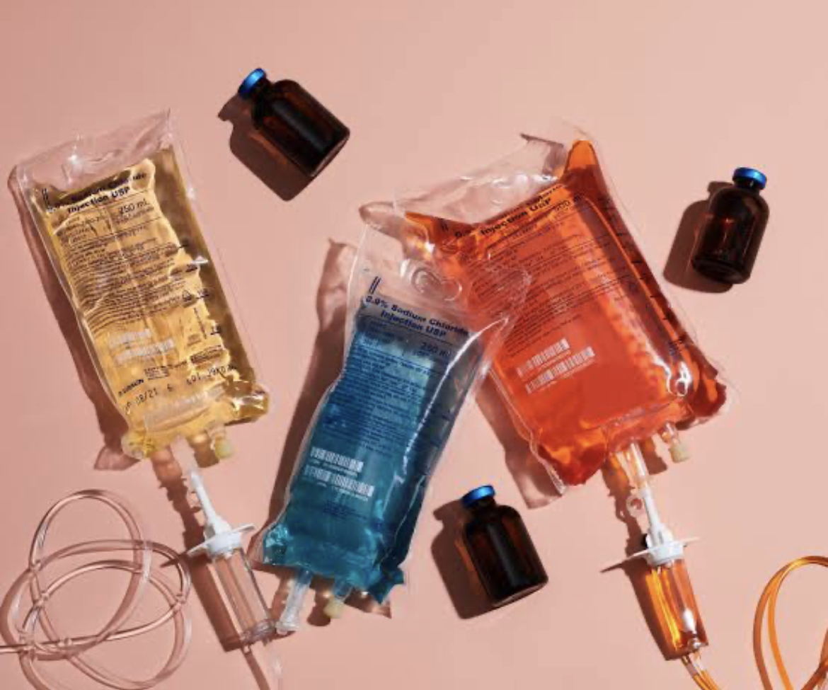 IV therapy product flat-lay shot for a wellness clinic campaign