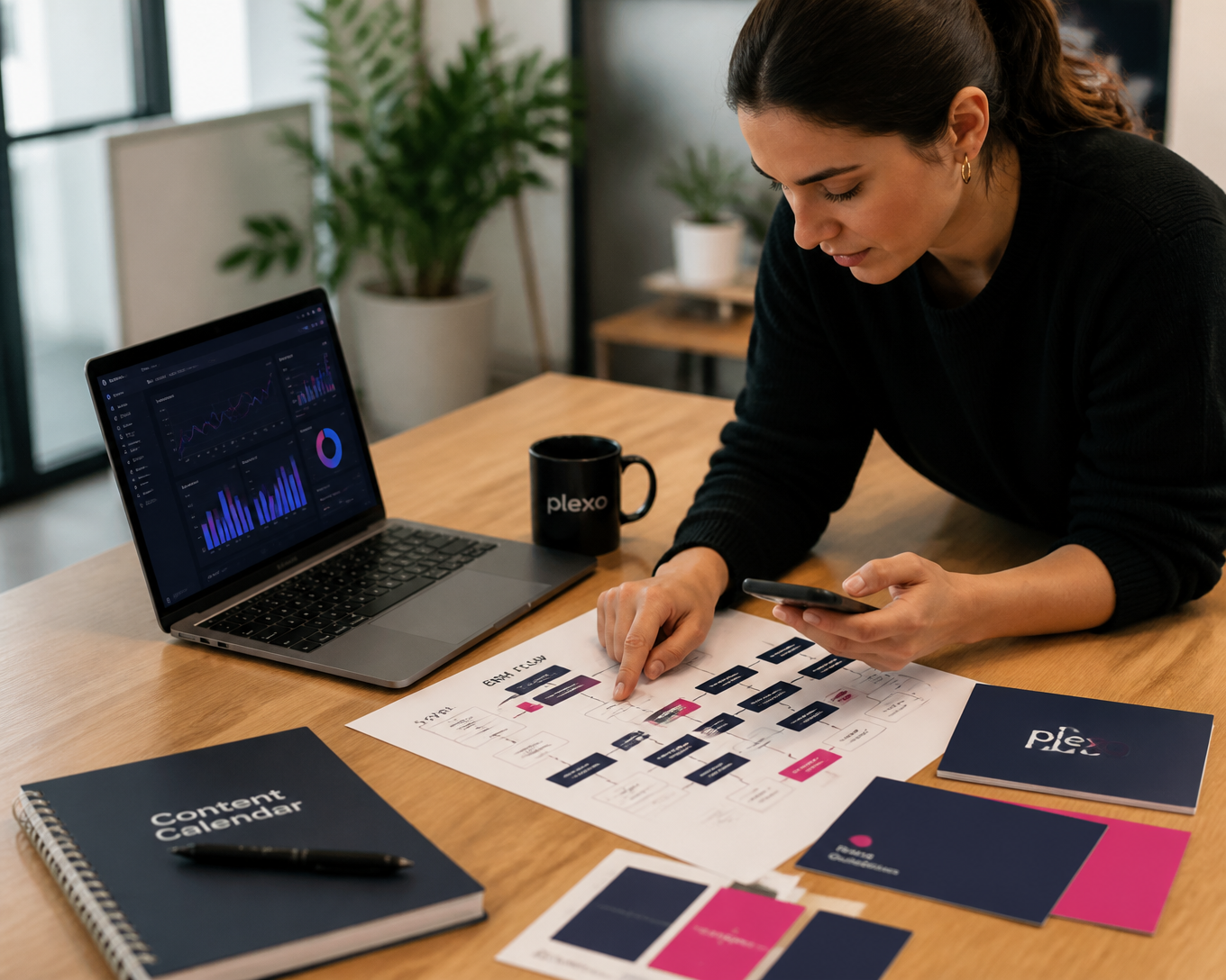 Operator reviewing a CRM and email flow chart next to a Plexo analytics dashboard